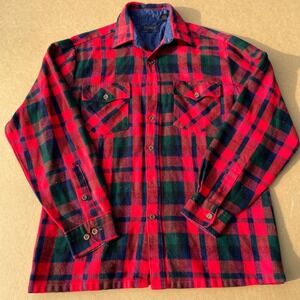 Rugged Plaid Flannel Shirt Mens Medium Red Green Casual Vintage Acrylic Pocket